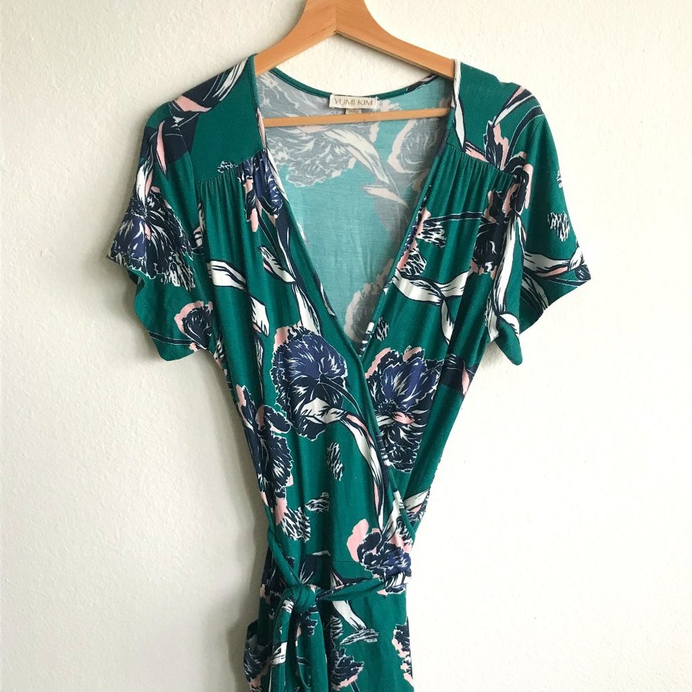 Yumi Kim Emerald Green Floral V Neck Maxi Wrap Dress Size M Medium